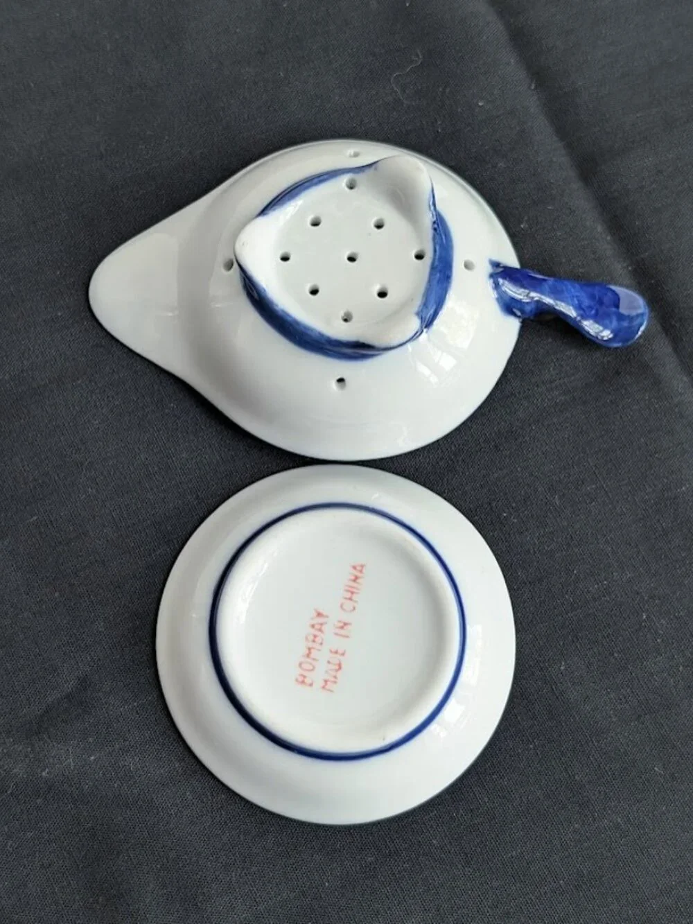 Vintage Bombay Company Blue & White Porcelain Tea Strainer with Drip Bowl